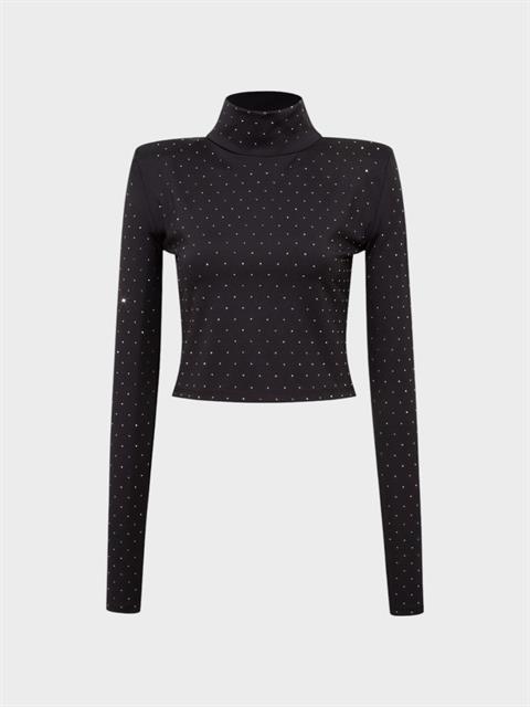 Taş Baskılı Boğazlı Crop Bluz - Siyah