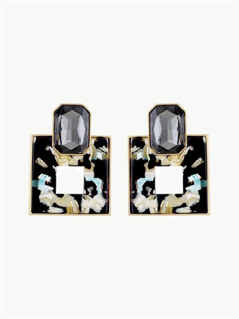 Stone Detail Square Earrings - Black