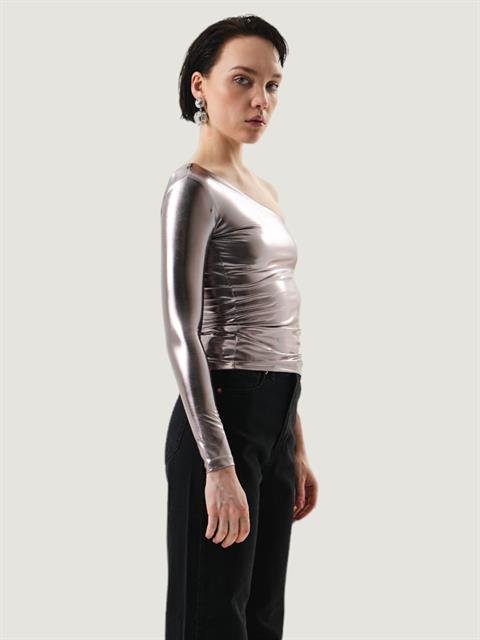 Tek Omuz Uzun Kol Parlak Body - Silver