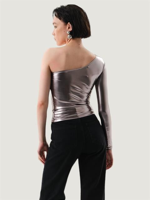 Tek Omuz Uzun Kol Parlak Body - Silver
