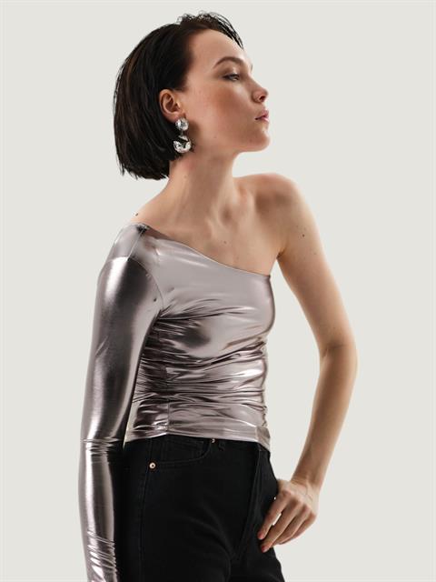 Tek Omuz Uzun Kol Parlak Body - Silver