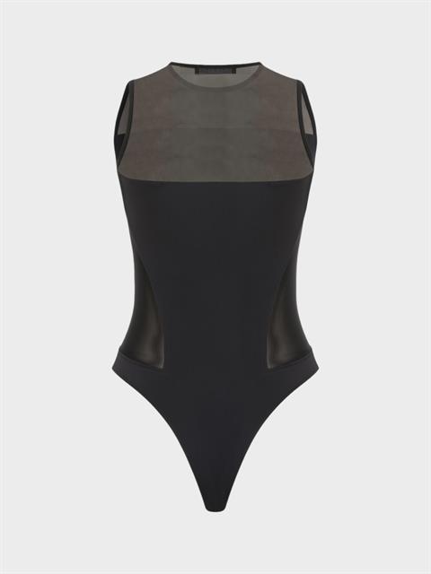 Tül Dekolte Detaylı Bisiklet Yakalı Kolsuz Body - Siyah