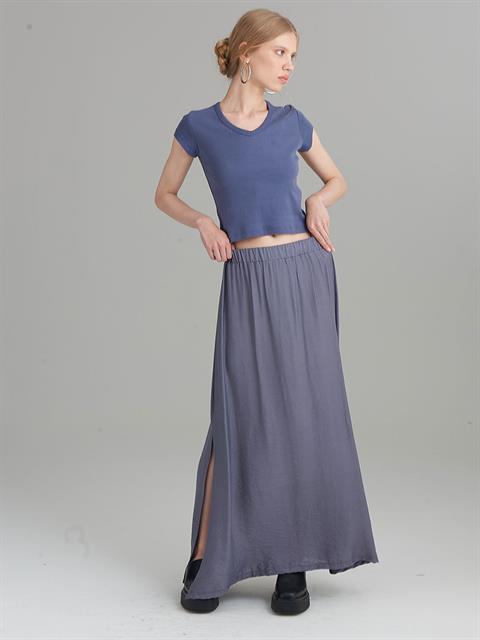 V Yaka Crop T-Shirt - Mavi