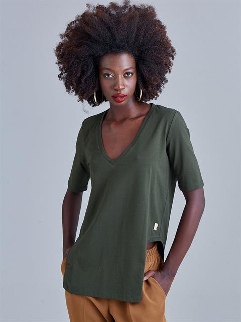 V Yaka Önü Arkası Uzun Basic T-shirt - Haki