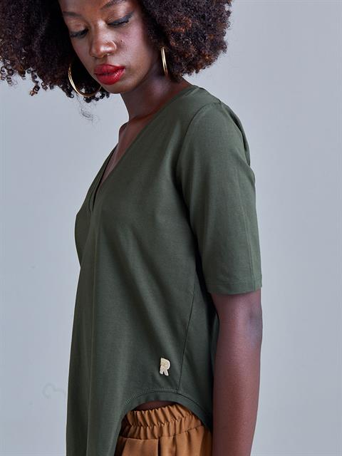 V Yaka Önü Arkası Uzun Basic T-shirt - Haki