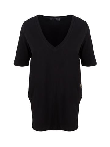 V Yaka Önü Arkası Uzun Basic T-shirt - Siyah
