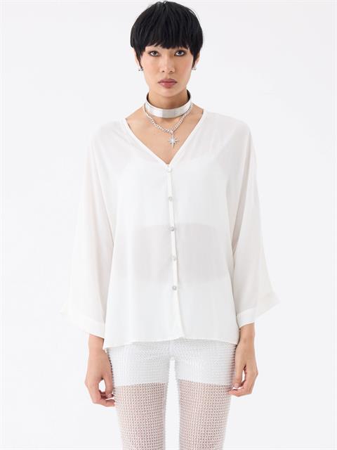 V Yaka Oversize Gömlek - Ekru