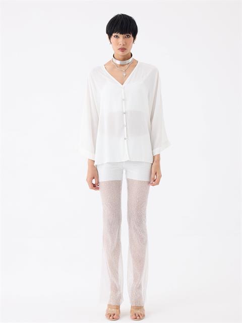 V Yaka Oversize Gömlek - Ekru