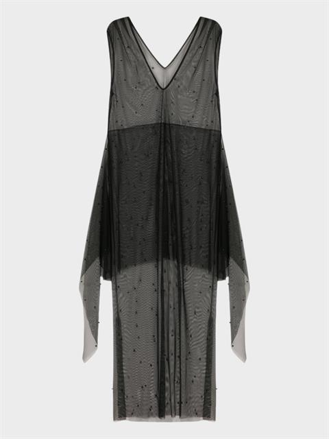 V Yakalı Belden Bağlama Detaylı Sıfır Kollu İncili Tül Elbise - Siyah