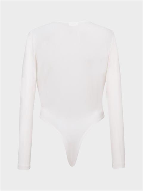 V Yakalı Büzgülü Uzun Kollu Body - Ekru