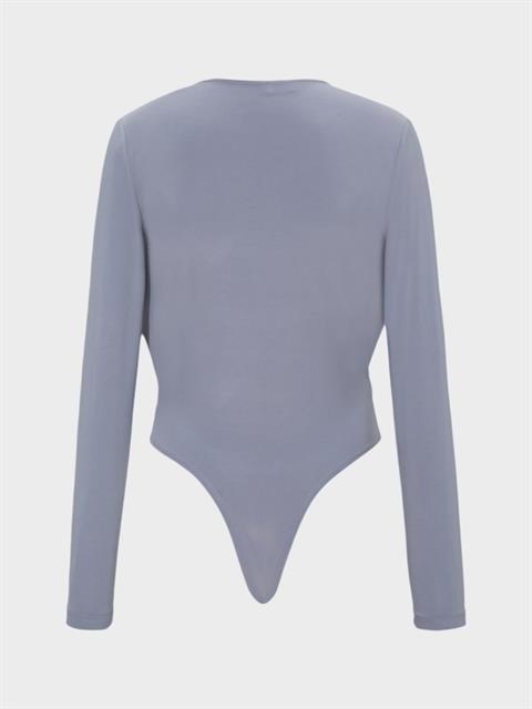 V Yakalı Büzgülü Uzun Kollu Body -Gri