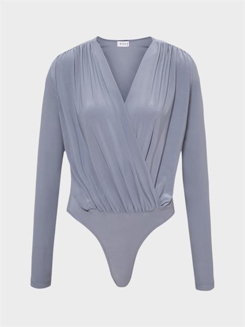 V Yakalı Büzgülü Uzun Kollu Body -Gri