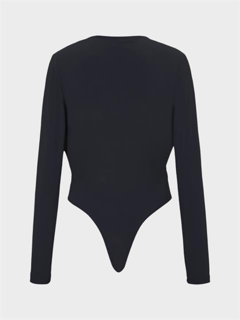 V Yakalı Büzgülü Uzun Kollu Body - Siyah