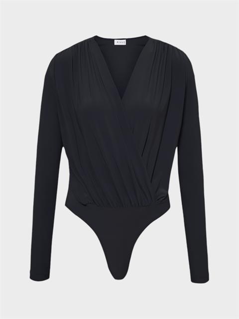 V Yakalı Büzgülü Uzun Kollu Body - Siyah