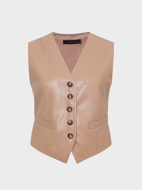 V Yakalı Fleto Cep Detaylı Deri Yelek - Kahve