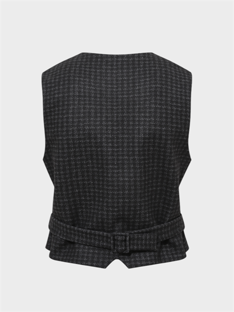 V Yakalı Fleto Cep Detaylı Yelek - Siyah Kareli