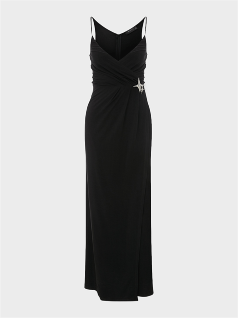 V Yakalı Önden Yırtmaçlı Anvelop Kesim Uzun Elbise - Siyah