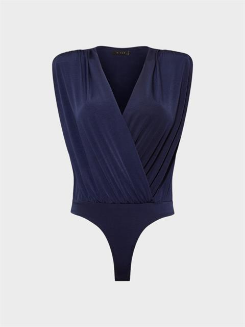 V Yakalı Önü Büzgülü ve Omuzu Vatka Detaylı Body - Lacivert