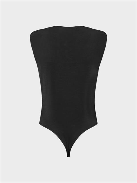 V Yakalı Önü Büzgülü ve Omuzu Vatka Detaylı Body - Siyah