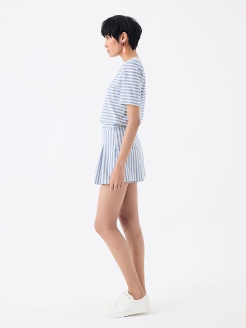 Vatkalı Bisiklet Yaka T-Shirt - Mavi Çizgili