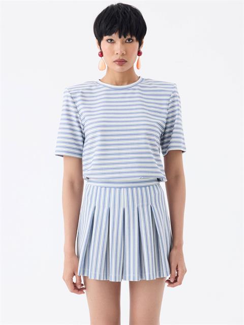 Vatkalı Bisiklet Yaka T-Shirt - Mavi Çizgili