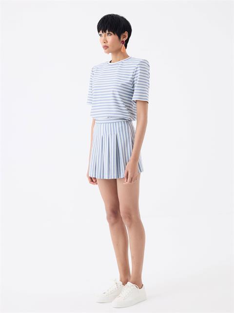 Vatkalı Bisiklet Yaka T-Shirt - Mavi Çizgili