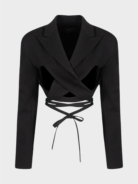 Vatkalı ve Bağlama Detaylı Crop Ceket - Siyah