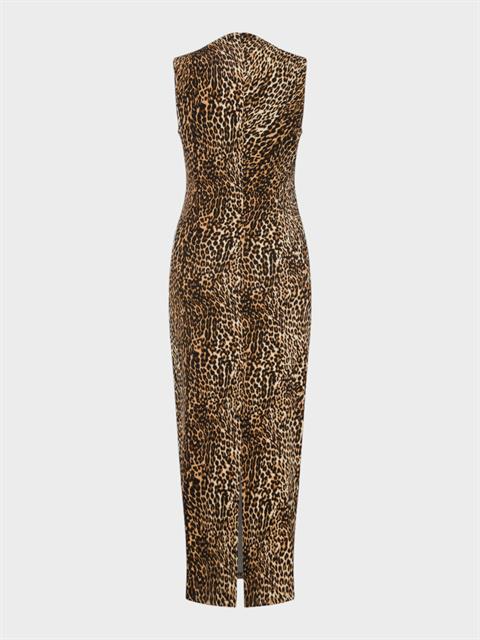 Yakası Büzgülü Dar Kesim Kolsuz Elbise - Leopar
