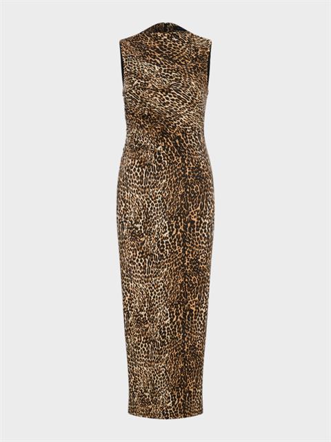 Yakası Büzgülü Dar Kesim Kolsuz Elbise - Leopar
