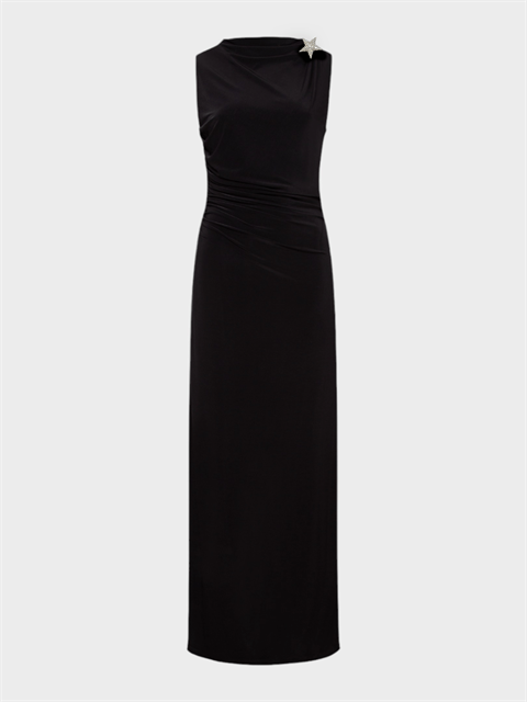 Yakası Büzgülü Dar Kesim Kolsuz Elbise - Siyah