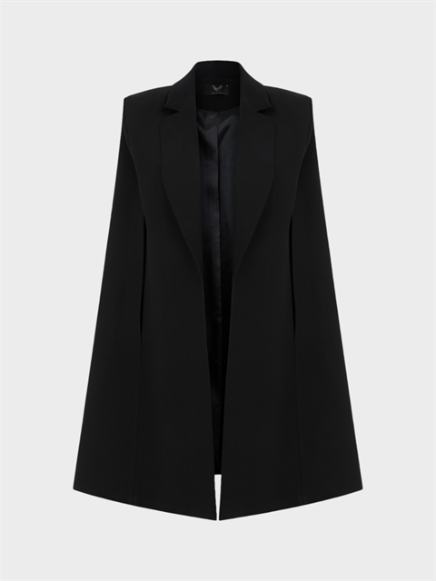 Yakası Parlak Saten Krep Özel Tasarım Şık Pelerin Ceket - Siyah