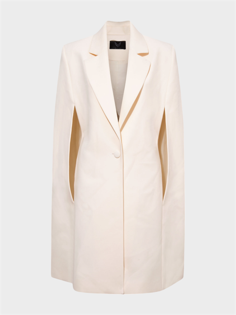 Yakası Parlak Saten Krep Özel Tasarım Şık Pelerin Ceket - Ekru