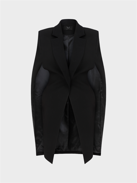 Yakası Parlak Saten Krep Özel Tasarım Şık Pelerin Ceket - Siyah