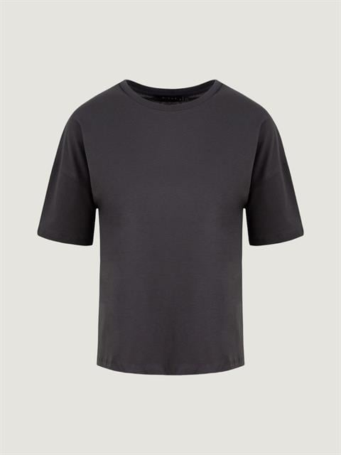 Yakası Ribanalı Düşük Omuz T-Shirt - Antrasit