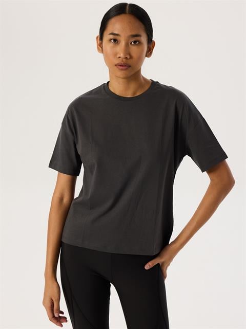 Yakası Ribanalı Düşük Omuz T-Shirt - Antrasit