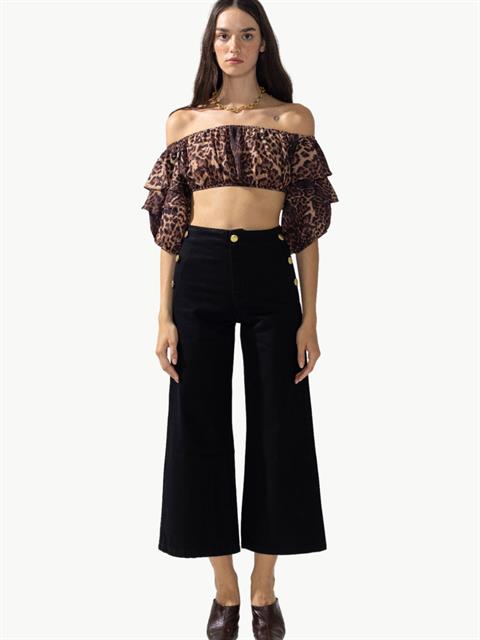 Yanları Süs Düğme Detaylı Flare Jean Pantolon - Siyah