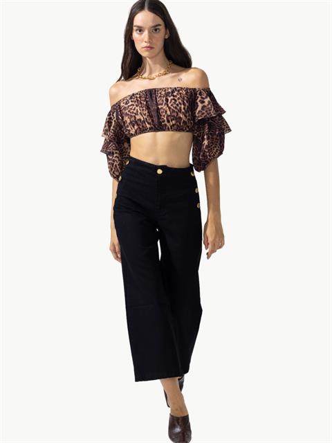 Yanları Süs Düğme Detaylı Flare Jean Pantolon - Siyah