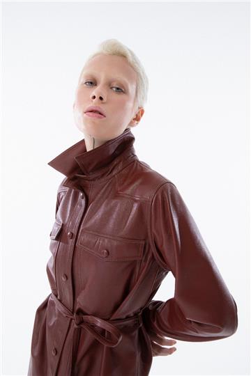 Yanları Yırtmaçlı Deri Gömlek - Bordo