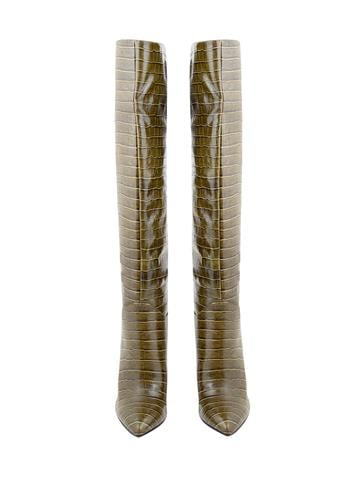 Kroko Desen Topuklu Deri Çizme - Yeşil