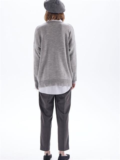 Yırtık Detaylı Triko Kazak - Gri