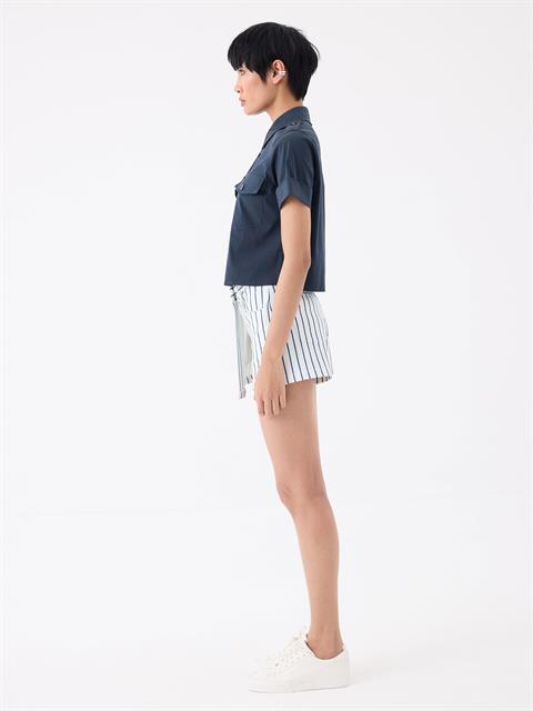 Yüksek Bel Çizgili Şort Etek - Mavi Çizgili