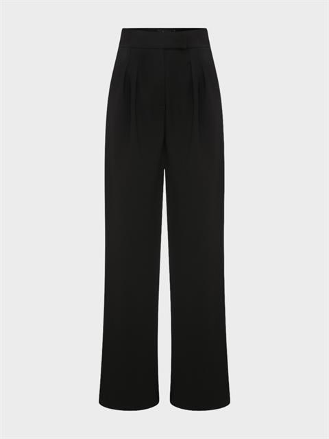 Yüksek Belli Nervür Dikişli Bol Paçalı Maxi Boy Pileli Pantolon - Siyah