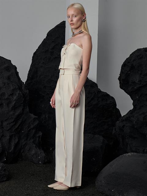 Yüksek Belli Nervür Dikişli Bol Paçalı Maxi Boy Pileli Pantolon - Ekru