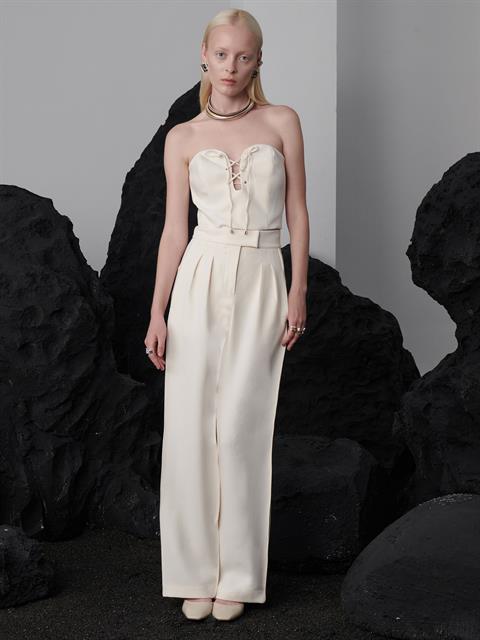 Yüksek Belli Nervür Dikişli Bol Paçalı Maxi Boy Pileli Pantolon - Ekru