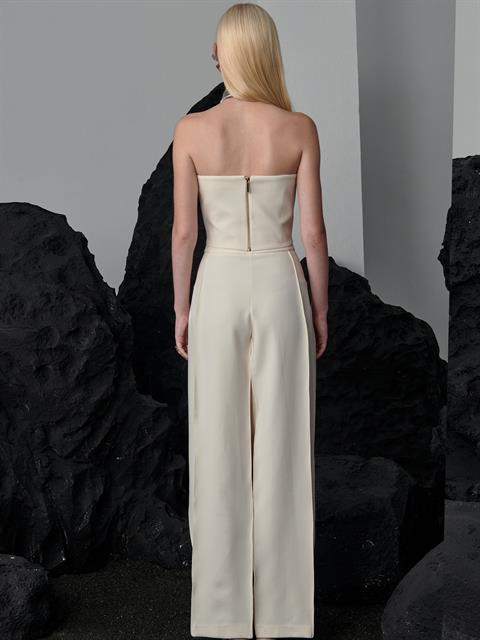 Yüksek Belli Nervür Dikişli Bol Paçalı Maxi Boy Pileli Pantolon - Ekru