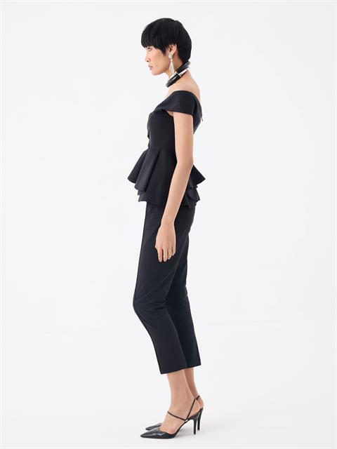 Yüksek Belli Nervür Dikişli Sigara Paça Pantolon - Siyah