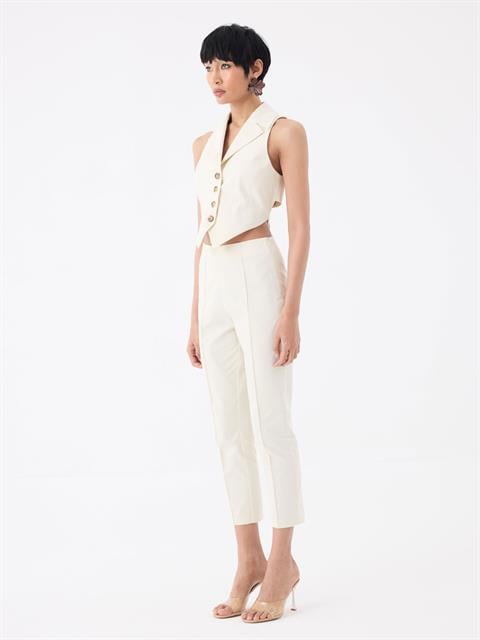 Yüksek Belli Nervür Dikişli Sigara Paça Pantolon - Ekru