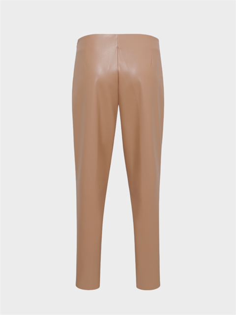 Yüksek Belli Nervür Dikişli Sigara Paça Vegan Deri Pantolon - Bej