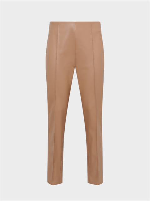 Yüksek Belli Nervür Dikişli Sigara Paça Vegan Deri Pantolon - Bej