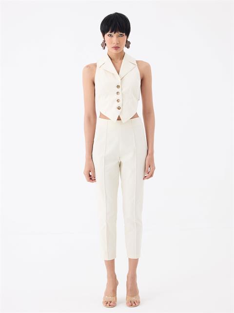 Yüksek Belli Nervür Dikişli Sigara Paça Pantolon - Ekru